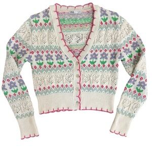 ZARA | Floral Jacquard Knit Spring Cardigan Sweater, Size XL